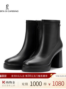 诺贝达冬季羊皮粗跟中筒女靴