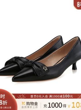 诺贝达女单鞋冬款低跟通勤尖头舒适蝴蝶结简约大气单鞋RS227201