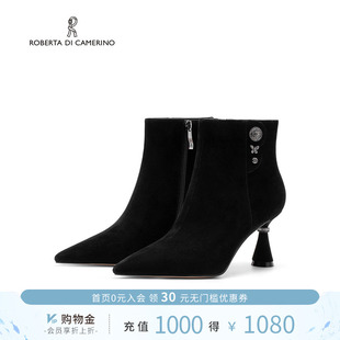 诺贝达新款女靴中筒侧拉链气质短靴尖头高跟显瘦时装靴RA254312
