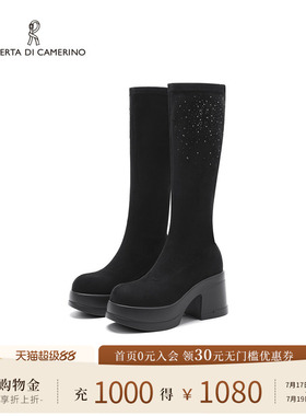 诺贝达新款冬季长筒靴弹力厚底时装靴黑色百搭显瘦弹力靴RA254501