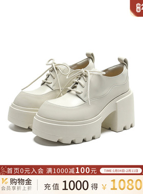 诺贝达女鞋秋款欧美风粗跟系带小皮鞋简约时尚真皮内里RWL230113