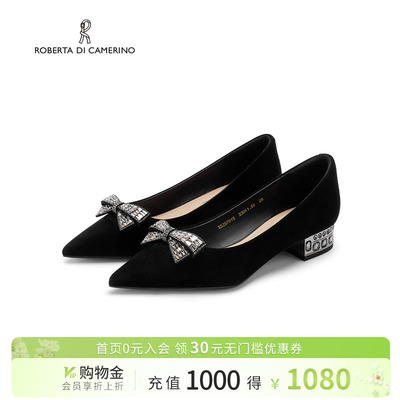 诺贝达羊反绒女单鞋新款蝴蝶结水钻粗跟女鞋百搭浅口单鞋RS257615