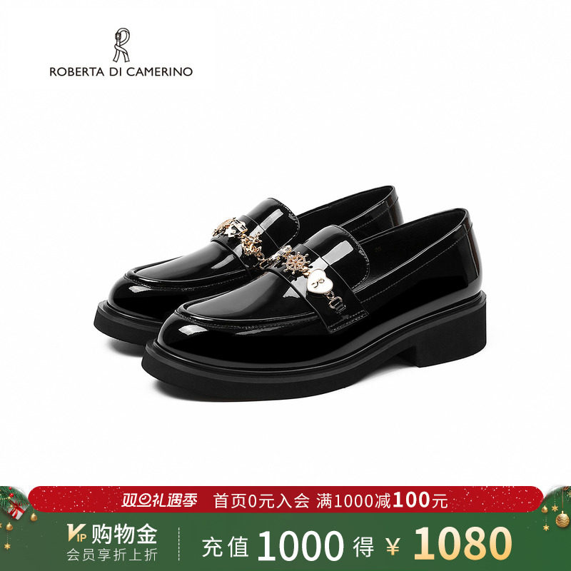 诺贝达2025春新款粗跟英伦风乐福鞋圆头白色小皮鞋女士RS257005