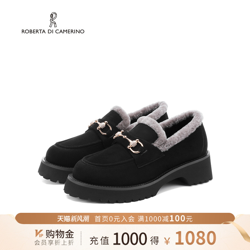 诺贝达冬季加绒乐福鞋金属扣饰增高复古通勤厚底毛茸女鞋RA257006