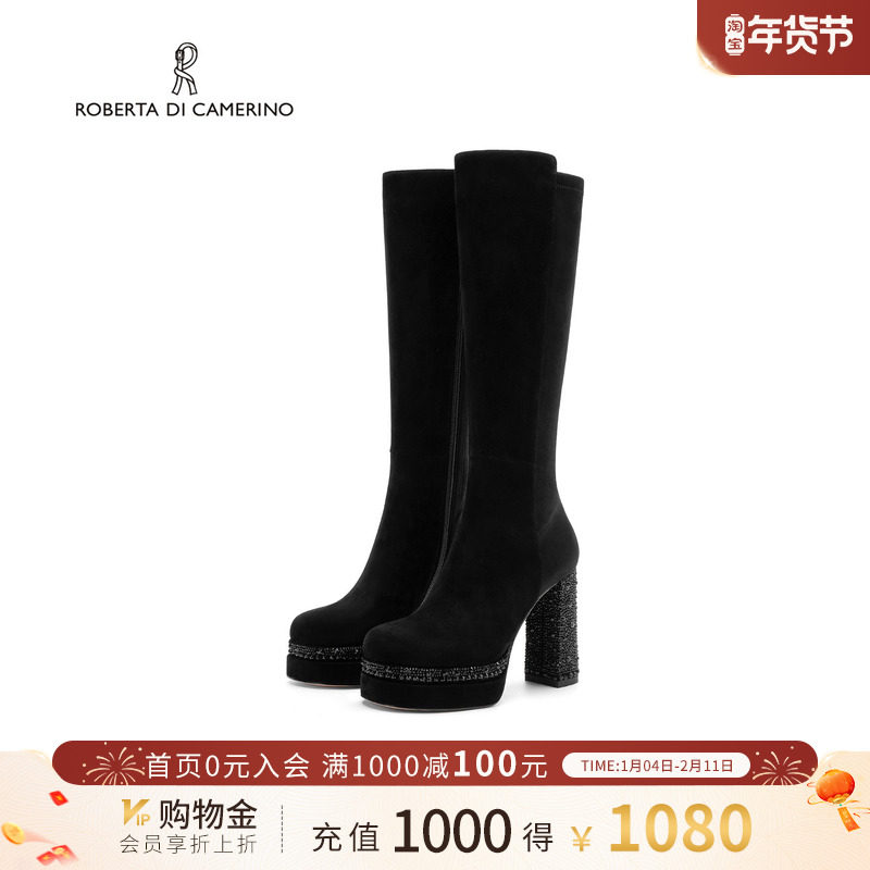 诺贝达冬季长筒弹力靴新款水钻高跟女靴百搭显瘦时装靴RA254310