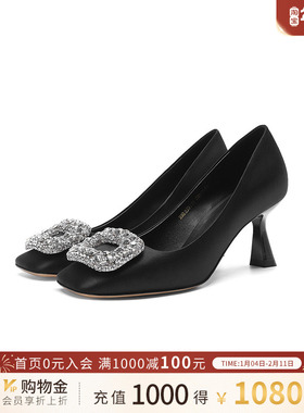 诺贝达女鞋秋季单鞋浅口单鞋舒适酒杯跟方钻通勤单鞋RWL230118