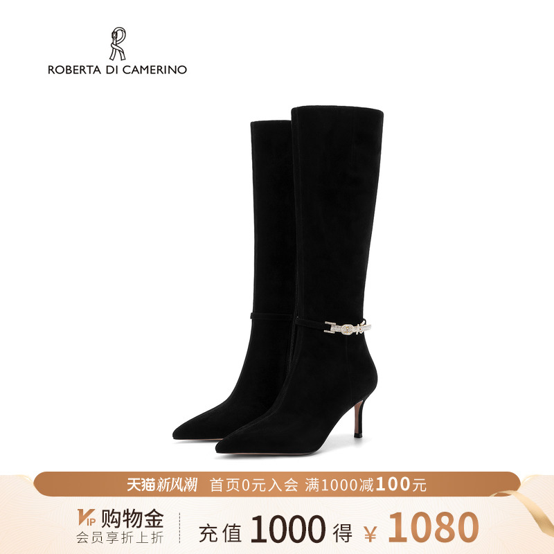 诺贝达细高跟长筒靴时尚显瘦尖头过膝高筒靴羊反绒时装靴RA244310