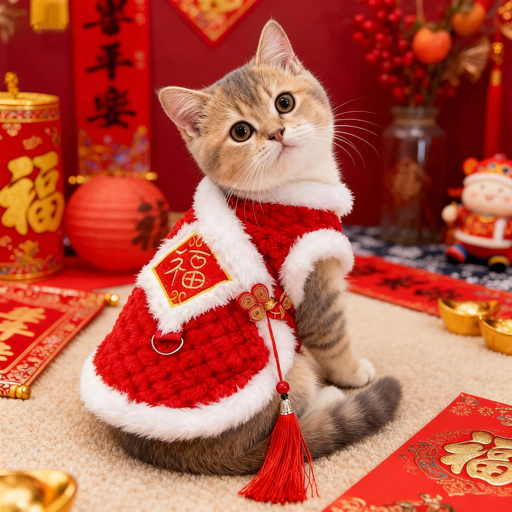 猫咪新年衣服国风毛绒背心刺绣福字唐装冬天金渐层宠物狗狗马甲