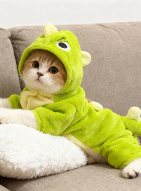 猫咪衣服新款法兰绒带牵引扣加绒加厚秋冬连帽幼猫宠物猫咪四脚衣