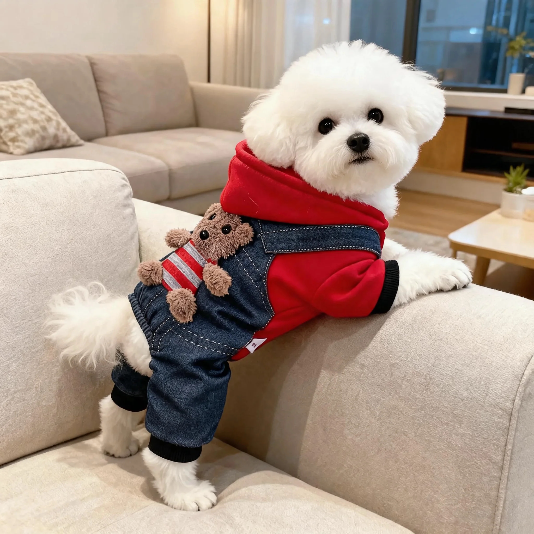 狗狗衣服秋冬装泰迪比熊博美加绒保暖小猫咪防寒带帽子小熊四脚衣