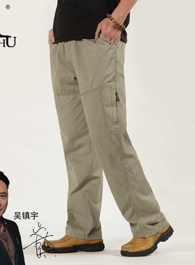 袋鼠休闲裤男夏季新款纯棉男裤工装直筒宽松大码加肥加大长裤子