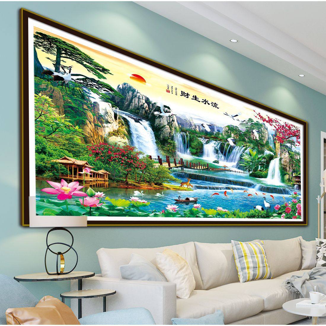 新版流水生财聚宝盆十字绣客厅大幅山水画印花手工刺绣满绣风景画,居家布艺,十字绣套件,淘宝优惠券,粉丝福利购,淘宝优惠卷