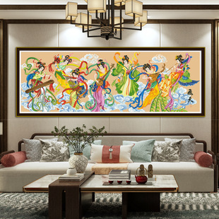 新款人物十字绣敦煌飞天古娟布客厅大幅装饰画挂画印花刺绣民族风