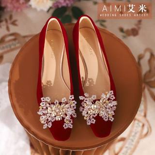 结婚婚鞋新娘新款红色秀禾婚纱不累孕妇可穿平底中式订婚单鞋