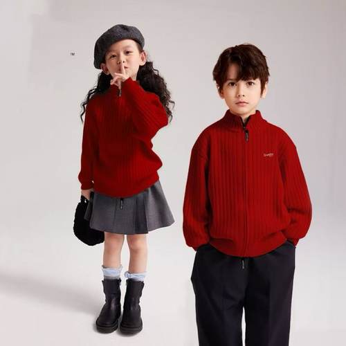 男女童2025新款针织衫红色毛衣