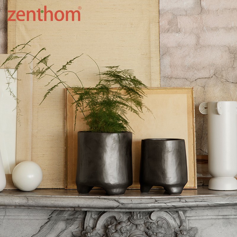 Ferm Living Esca Pot三足炻器花盆哑光黑客厅植物花器摆件