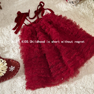女童秋冬季公主裙小女孩红色网纱裙子儿童系带连衣裙蓬蓬吊带礼服