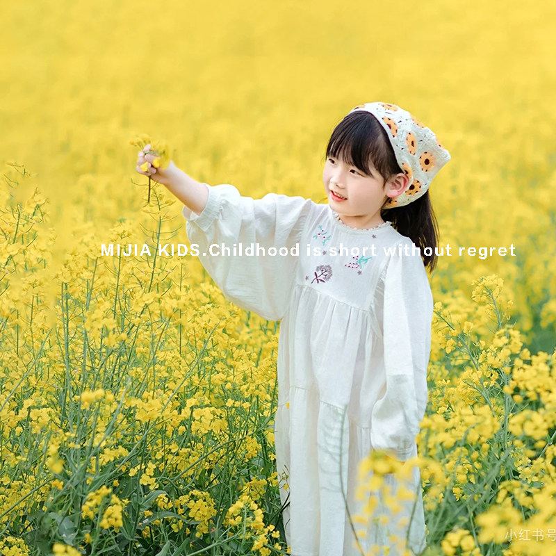 夏装新款乡村果园采摘拍照连衣裙刺绣裙子小女孩油菜花田园文艺风
