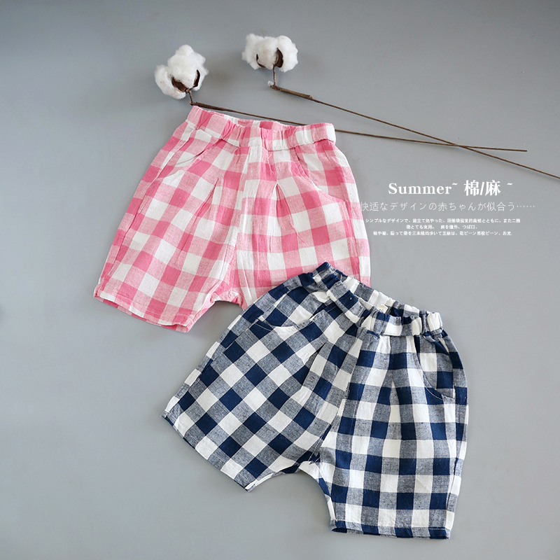 夏天棉麻大方格纹透气无束缚短裤