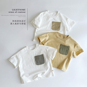 日系儿童夏季 纯棉 T恤简约打底衫 短袖 宝宝拼色复古轻薄圆领半袖