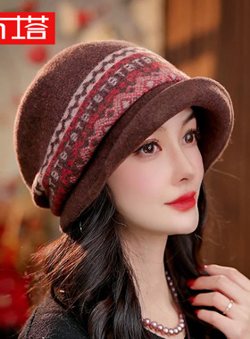 布塔纯羊毛包头帽复古百搭毛呢渔夫帽女秋冬保暖宽檐帽子PT8069