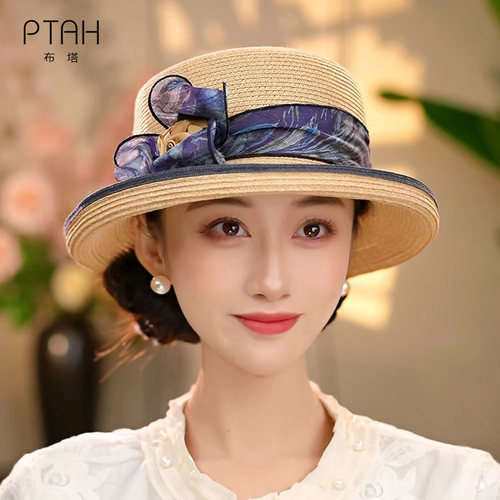 布塔宽檐草帽女夏季防晒遮阳帽蝴蝶结花朵海边度假太阳帽PT1529