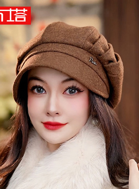 布塔羊毛呢八角帽女秋冬复古百搭显脸小时尚优雅帽子PT0822