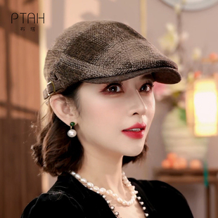 布塔秋冬新款 羊毛前进帽女英伦格子复古画家帽蓓蕾帽轻奢PT0805
