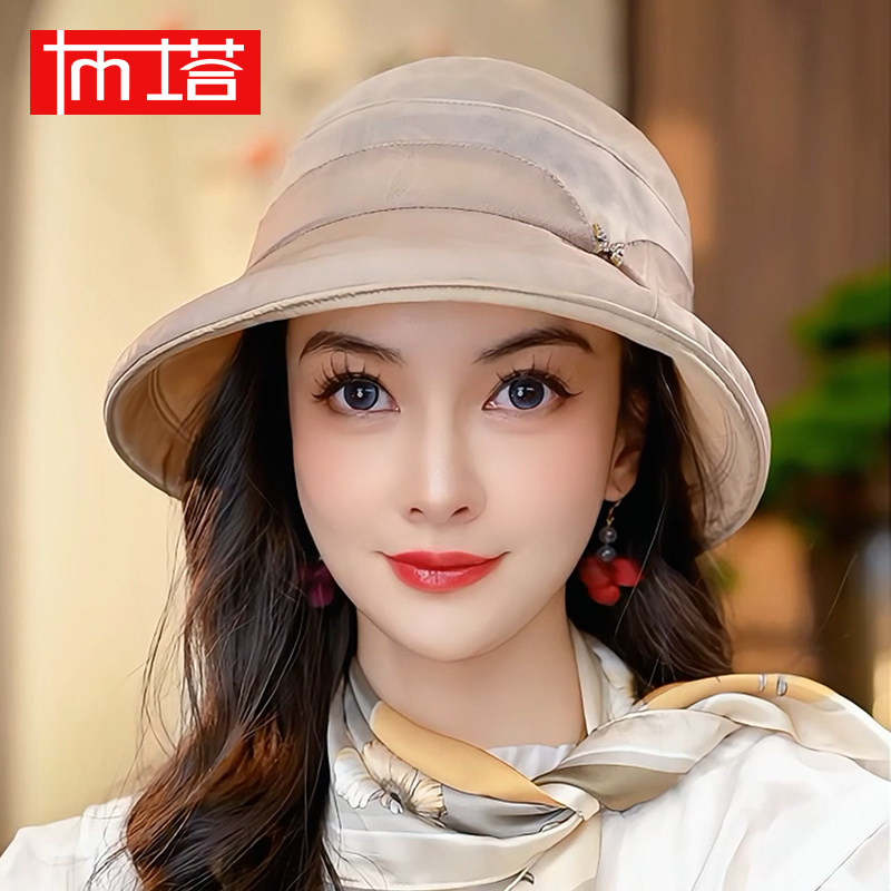 布塔真丝遮阳帽女士防晒渔夫帽轻薄透气桑蚕丝防紫外线香云纱花萝