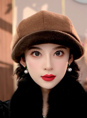 布塔秋冬羊毛加绒保暖八角贝雷帽帽子女士新款百搭显脸小画家帽潮
