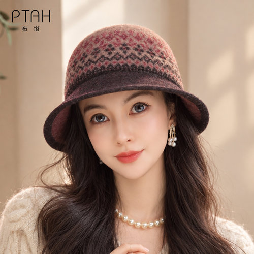 布塔100%纯羊毛针织渔夫帽女复古提花气质帽子秋冬保暖PT8080