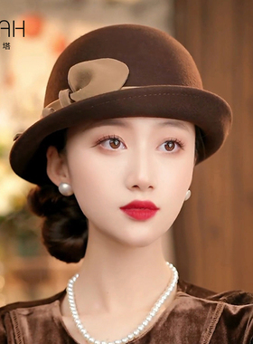 布塔秋冬羊毛卷边礼帽女优雅立体花装饰保暖气质盆帽定型帽PT1436