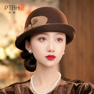 布塔秋冬羊毛卷边礼帽女优雅立体花装饰保暖气质盆帽定型帽PT1436