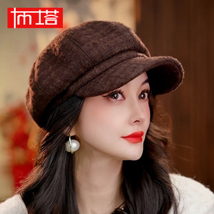 布塔复古八角鸭舌帽女秋冬羊毛呢贝雷帽显脸小报童帽PT2183