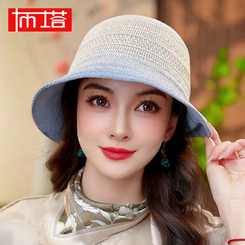 布塔春夏季渔夫帽女木纤维帽子遮阳帽防晒镂空透气太阳帽子显脸小