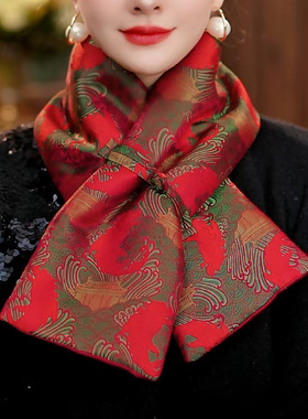 布塔宋锦桑蚕丝围巾女中国风红色传统古典长条形保暖真丝鱼跃龙门