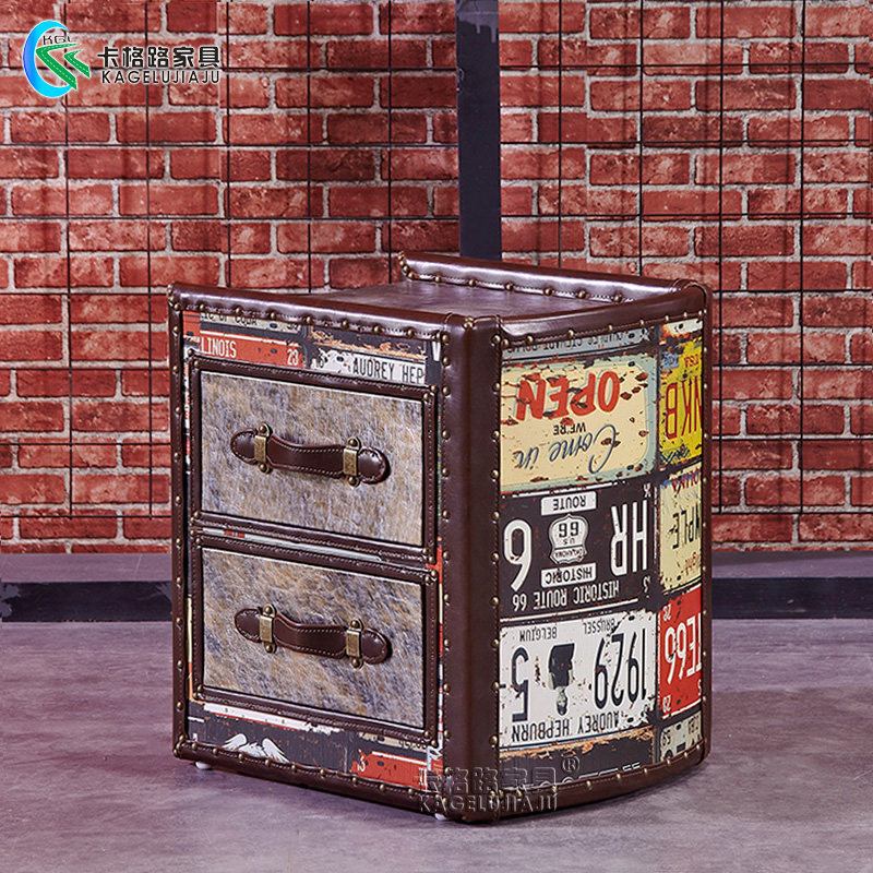 卡格路美式乡村复古床头柜储物柜创意小角几边几英文咖啡桌皮箱子