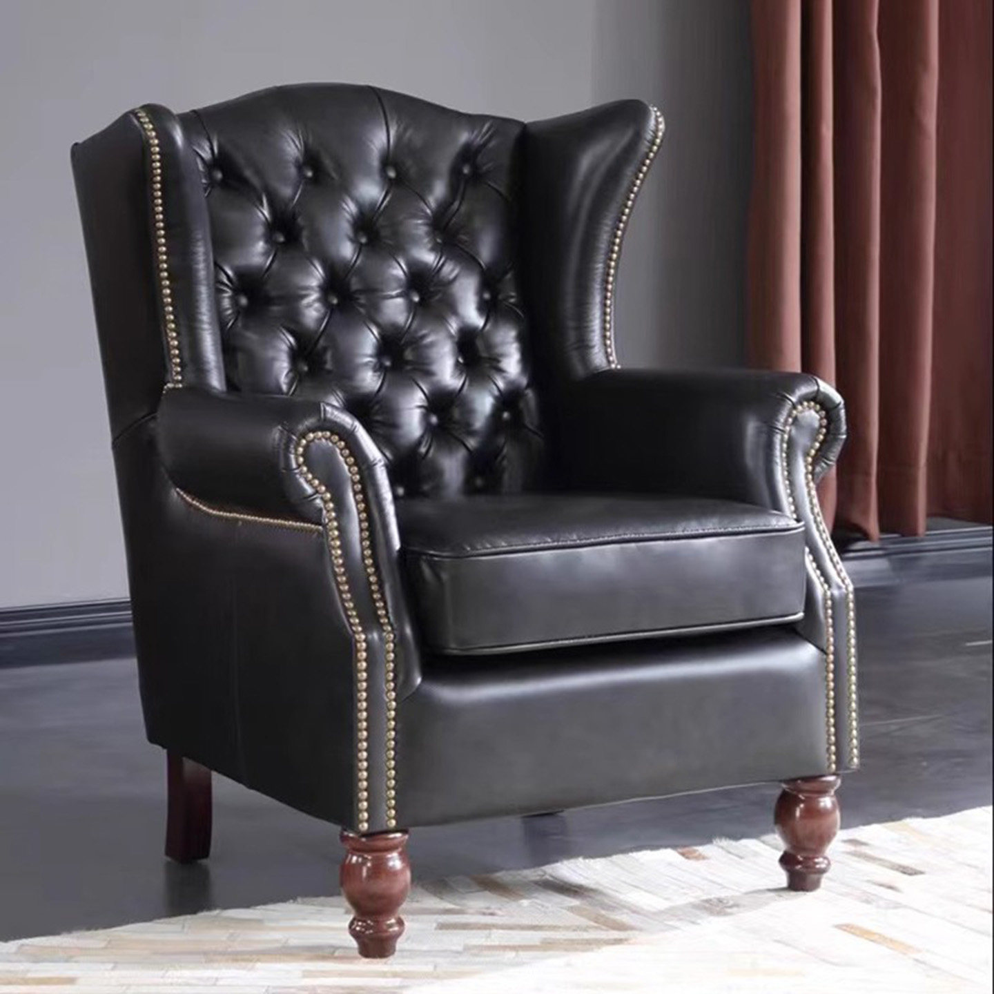 美式乡村复古老虎椅客厅咖啡厅雪茄吧单人休闲椅复古油蜡皮雪茄椅