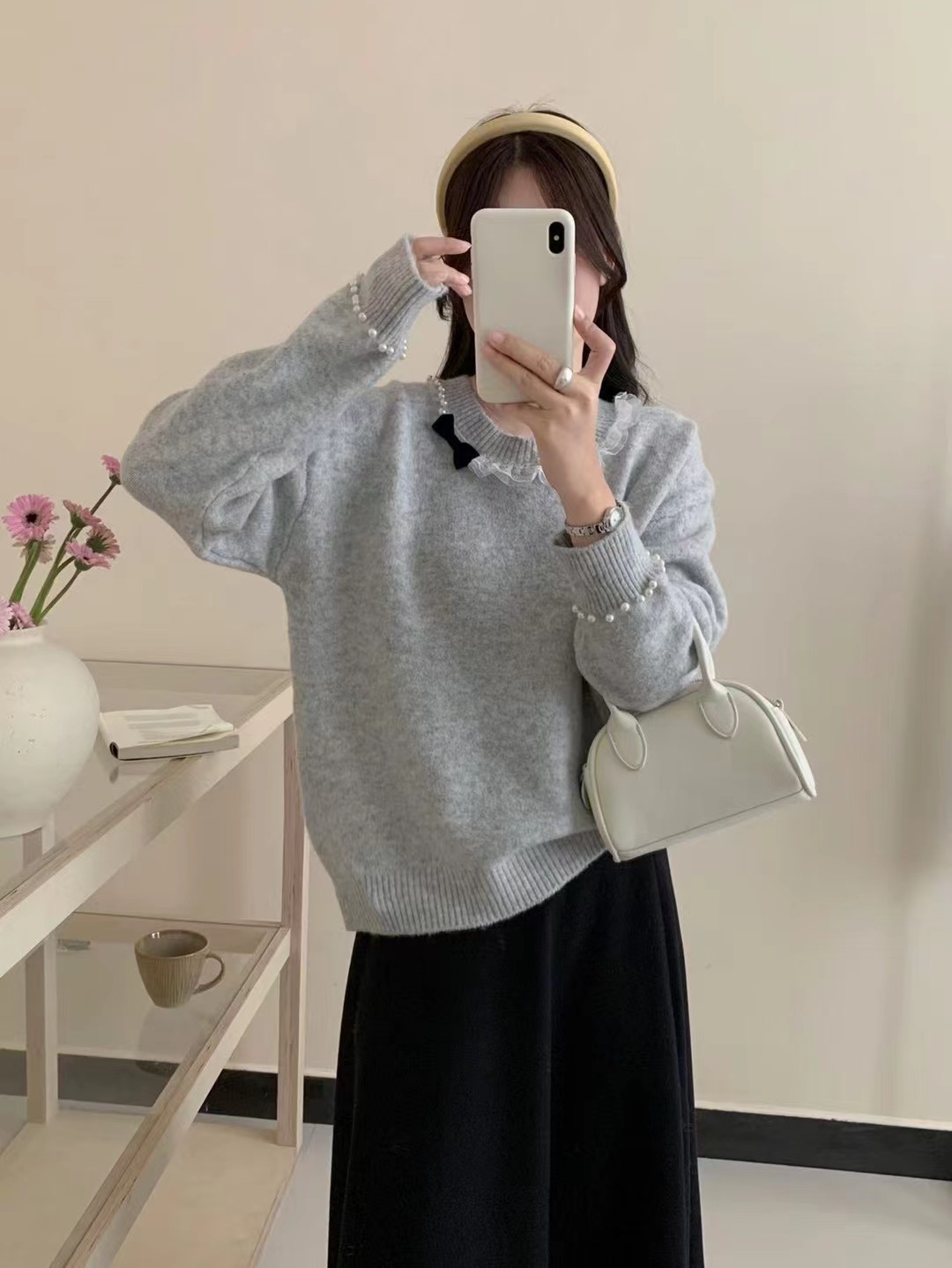 重工钉珠灰色圆领套头毛衣女2025年春季新款气质百搭毛针织衫上衣