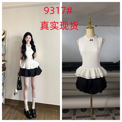 QDQD 韩系千金风气质无袖格纹上衣夏季收腰显瘦花边无袖设计感T恤