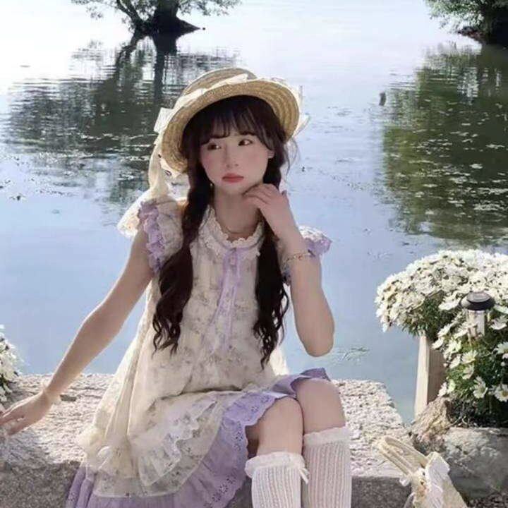 sinsingirl 紫藤花信 夏季浅紫色碎花小飞袖宽松娃娃感连衣裙裙子