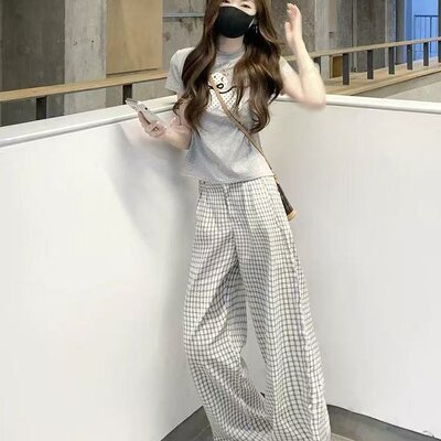175高个子米白格子高腰阔腿休闲裤女宽松显瘦新款百搭直筒拖地裤