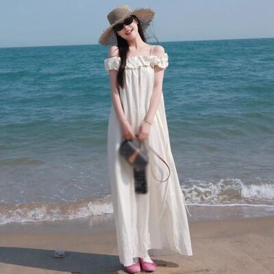 原版做法有内里法式一字肩吊带荷叶边高腰气质温柔风中长款连衣裙