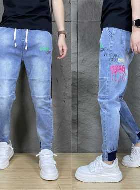 美式潮牌高街蓝色牛仔裤男2024秋季新款休闲宽松港风直筒阔腿裤潮