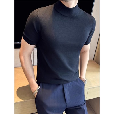 新款男士半高领短袖针织毛衣内搭秋冬季打底衫2025年男款上衣半袖
