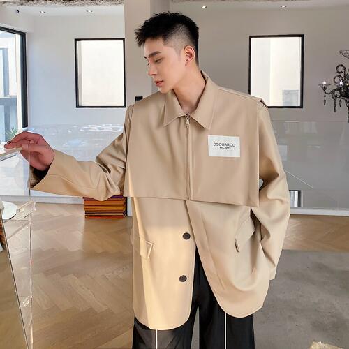 韩系雅痞两件套男装高级感轻奢西装夹克翻领披肩无领西装外套潮男