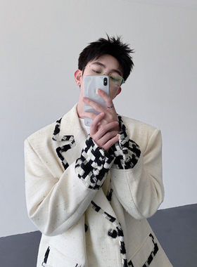 STARTEXCEEDEND小众编织拼接格子小香风西装外套男秋冬双排扣西服