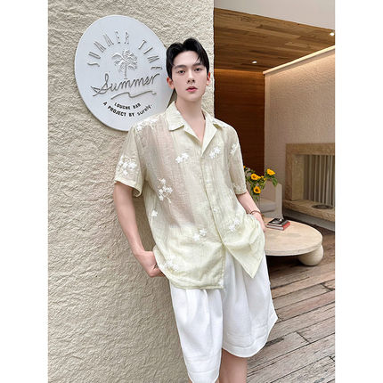 夏季绿色刺绣提花短袖衬衫男薄款微透小众潮牌休闲上衣古巴领半袖