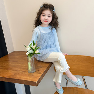 女童春装森系针织马甲阔腿裤三件套儿童春季洋气时髦休闲套装女宝