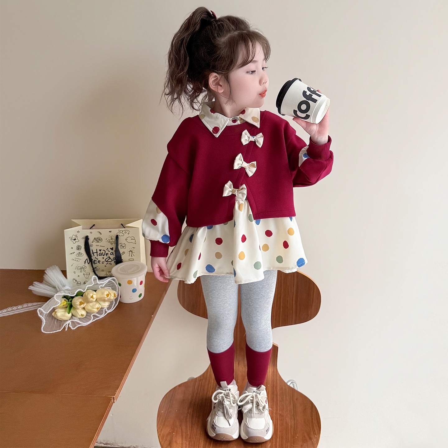 女童春季女宝洋气时髦卫衣打底裤两件套春款潮春装蝴蝶结波点套装,童装/婴儿装/亲子装,套装,淘宝优惠券,粉丝福利购,淘宝优惠卷